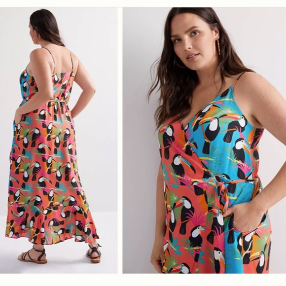 FARM RIO Sexy Romantic Elegant Flowy Vacation Resort Tropical Toucan Wrap Maxi - Picture 6 of 7